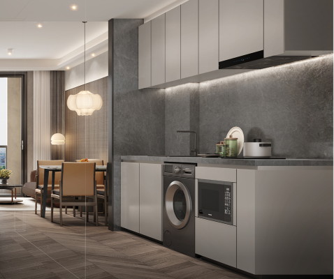 Modern kitchen combined with living room - side view