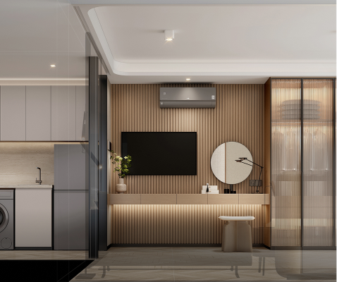 Modern living room combined with kitchen - direct view