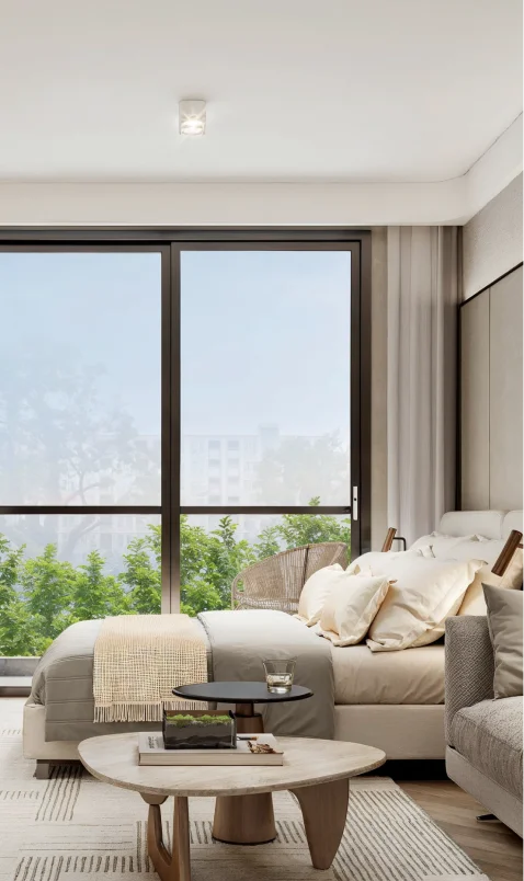bedroom with a large panoramic window