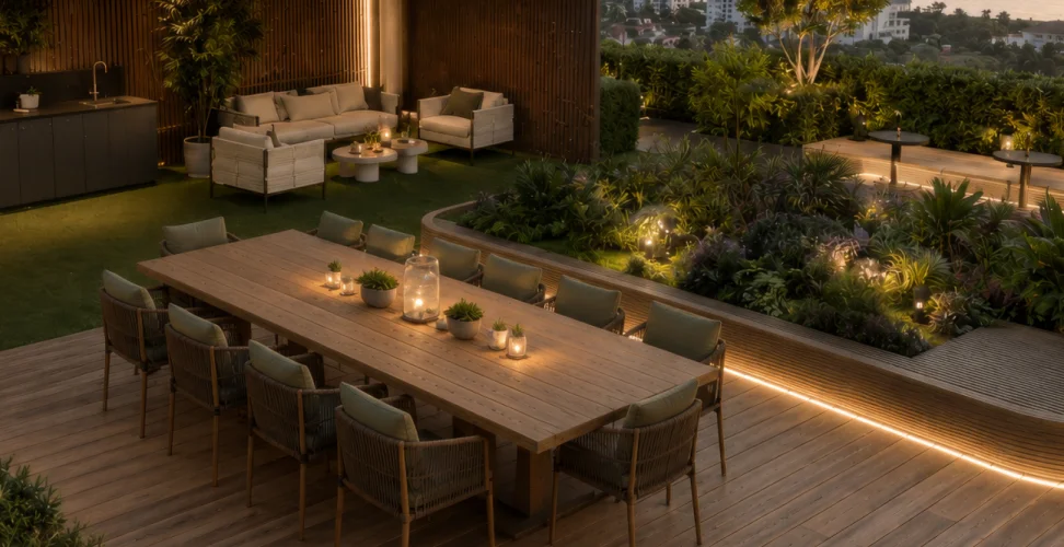 Rooftop terrace with dining area and garden at LEVEL Pratumnak